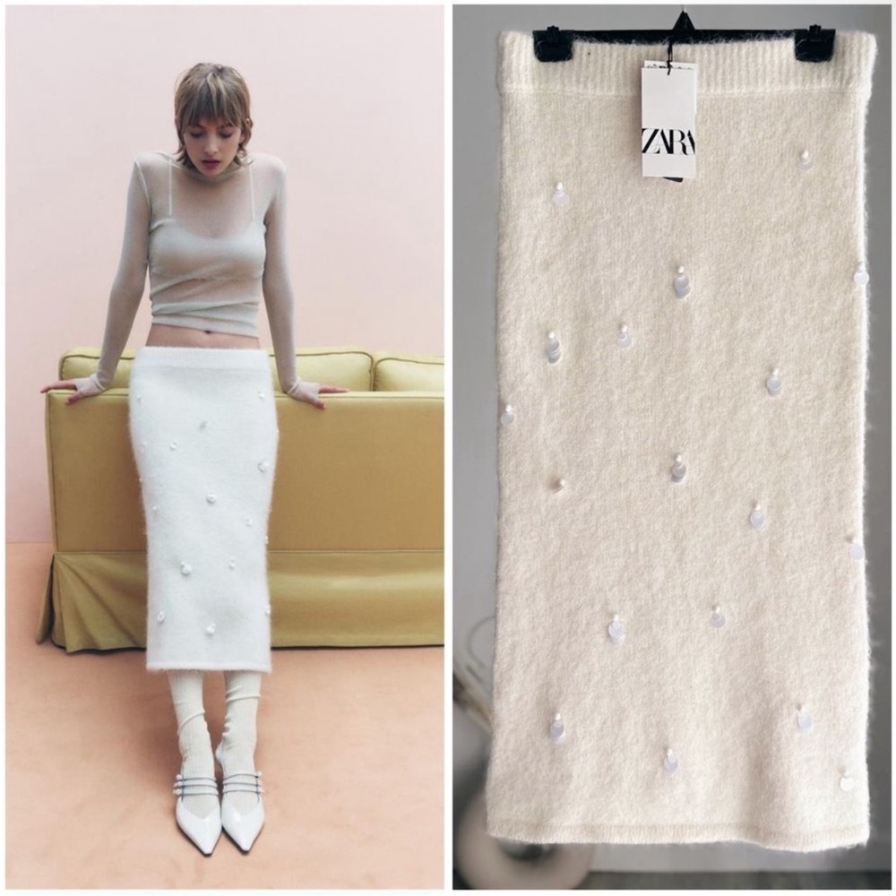 Zara Sequin embroidered Alpaca Blend Knit Pencil Midi Skirt Ecru white S NWT - Picture 4 of 15